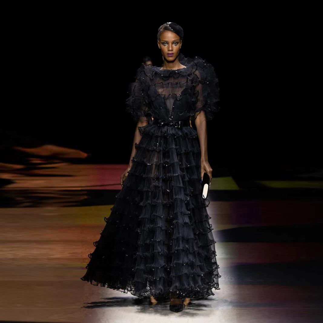 

Supremely Elegant Black Long Women Maxi Gowns To Party Tiered Ruffles-Hem A-line Formal Dress With Half Sleeves