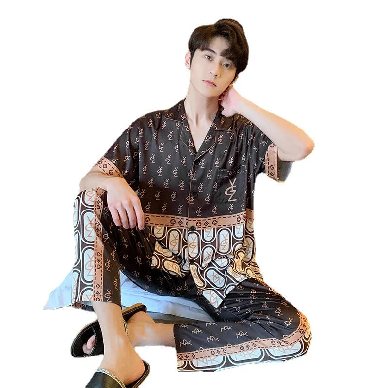 New Pajamas Couples Matching Summer Short-sleeved Printing Sleepwear Loose and Casual Home Suit Loungewear with Turn-over Collar