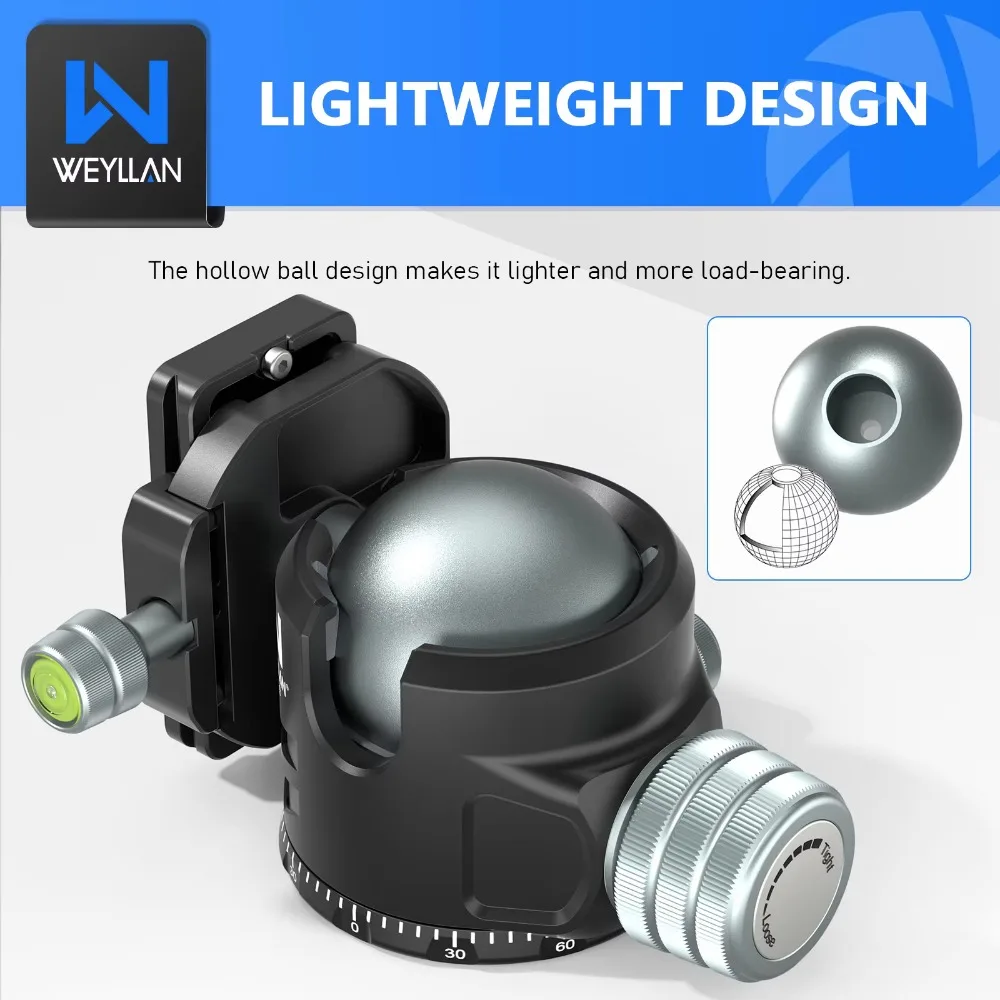 Фото WEYLLAN 52 мм профессиональная головка штатива для DSLR камеры штатив монопод Arca БЫСТРОРАЗЪЕМНАЯ пластина Низкопрофильная шариковая головка Максимальная нагрузка 30 кг №4