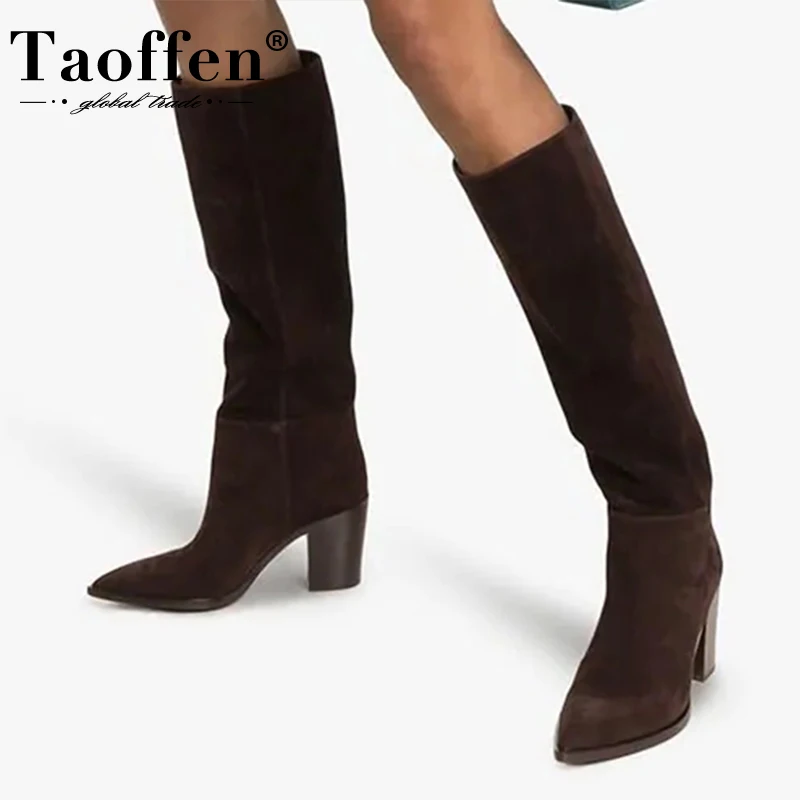 

Taoffen Size 36-43 Women High Heel Boots Genuine Leather Pointed Toe Winter Woman'S Shoes Fashion Ins Long Boots Club Footwear