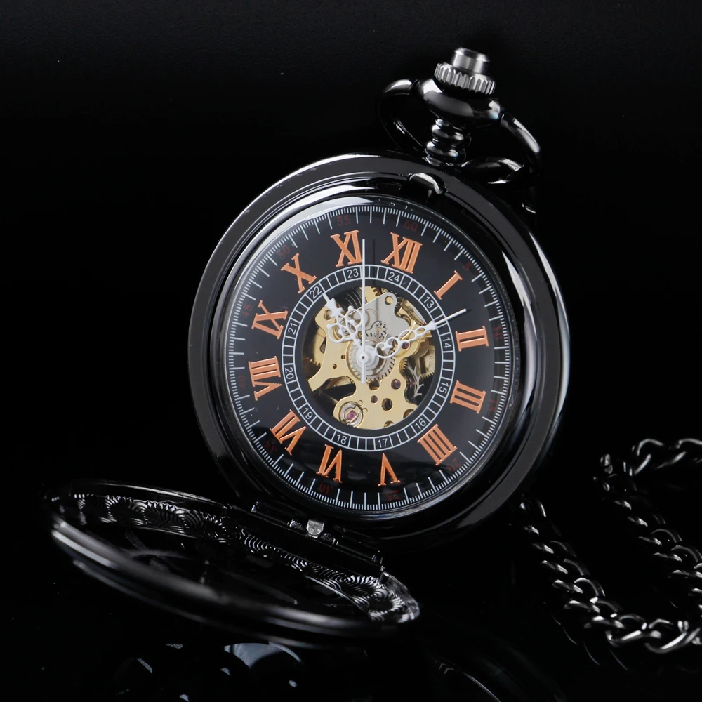 New Black Text Sculpture Mechanical Pocket Watch with Fob Chain Roman Digital Dial Fashion Pocket Watch Men's and Women's Gift