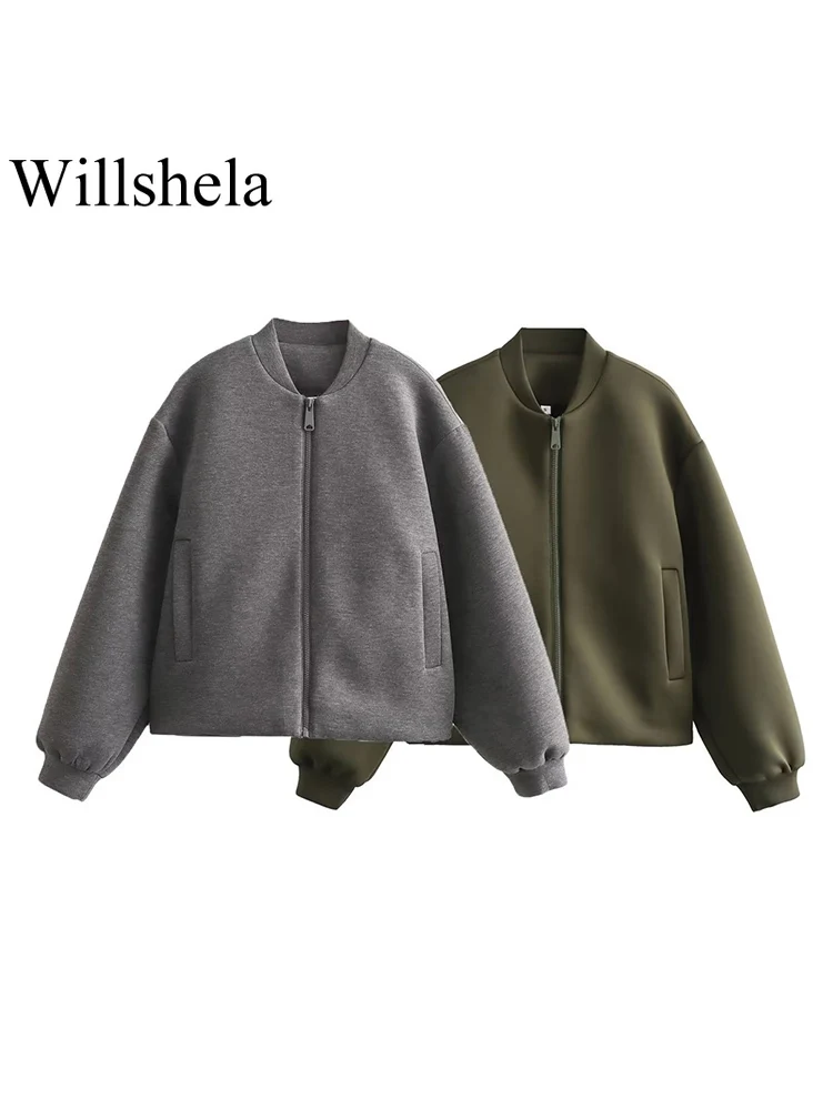 

Willshela Women Fashion Solid Front Zipper Bomber Jackets Vintage O-Neck Long Sleeves Female Chic Lady Outfits