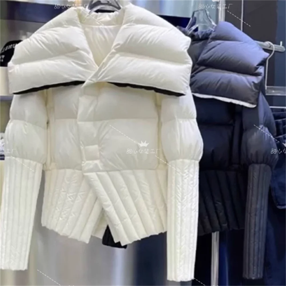 

Женский короткий теплый пуховик с большими лацканами, свободное белое пальто на белом утином пуху