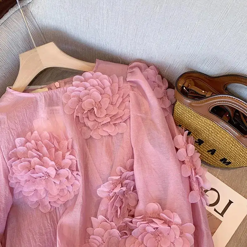 Женские рубашки шикарные розовые с трехмерными цветами Новинка весенне-летние