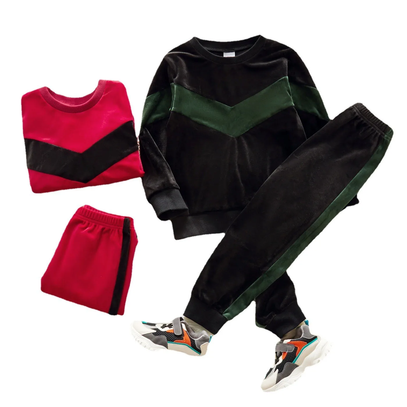 

Wholesale Autumn and Winter Kids Girl Velvet Girls' Splicing Long Sleeved Two-Piece Suit