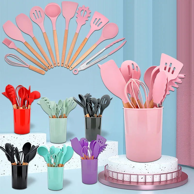 

Silicone Cooking Set Non-Stick Spatula Shovel Wooden Handle Utensils Cooking Tools Set With Storage Box Kitchen Tool Accessories