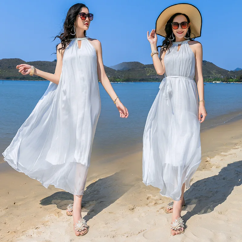 

Bohemia Seaside Resort Silk Dress Summer Pure White Suspender Belt Mulberry Silk Beach Dress Fairy Nail Bead lady skirt