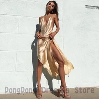 sexy fron slit exquisite spaghetti evening dresses sleeveless 2022 knee length open back paillette party gown for women custom