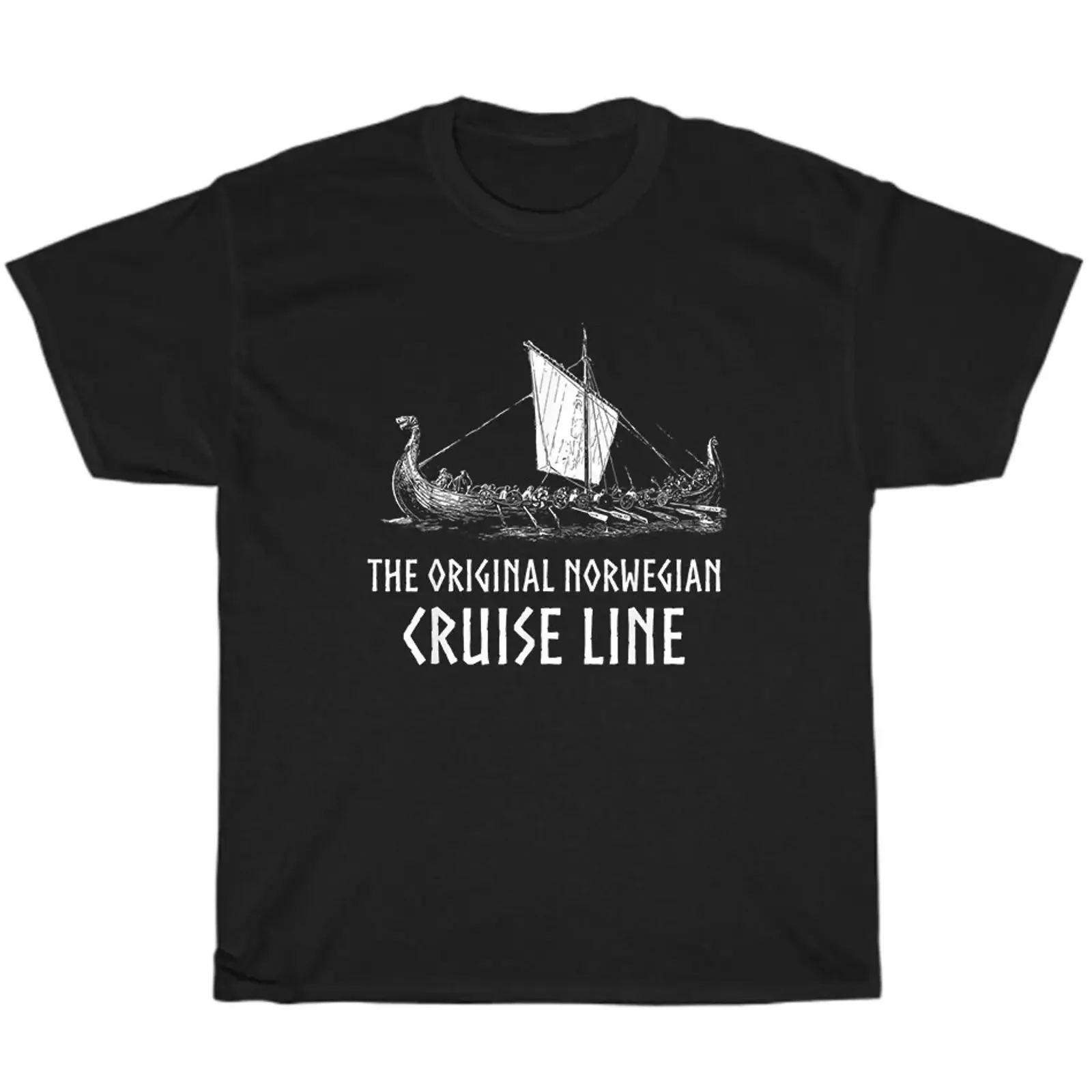 Фото Футболка с изображением корабля викингов, оригинальный дизайн от Norwegian Cruise Line, в стиле скандинавской мифологии, винтажная, с эффектом потертости, модная, с графическим принтом, повседневная, удобная. №1