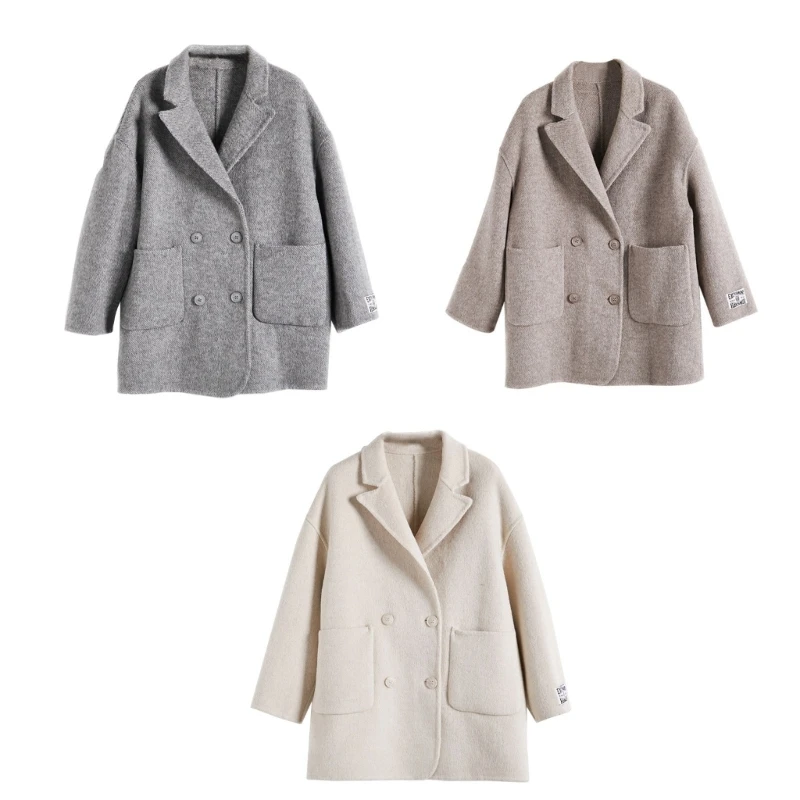 

Womens Suit Collar Long Sleeve Jackets Solid Color Notch Lapel Double Breasted Fashion Mid-Long Wool Coat with Pockets