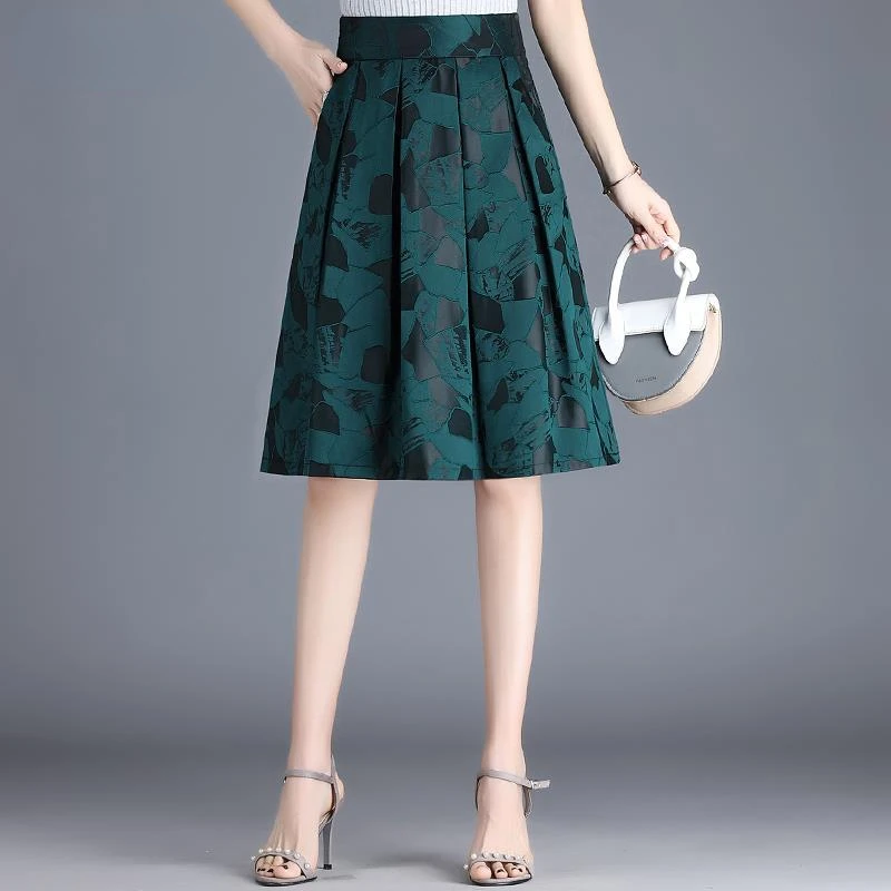 

Women Jacquard Pleated Skirt New High Wasit Knee-Lenght A-Line Skirt Fashion Office Lady Wear Skirt Jupe