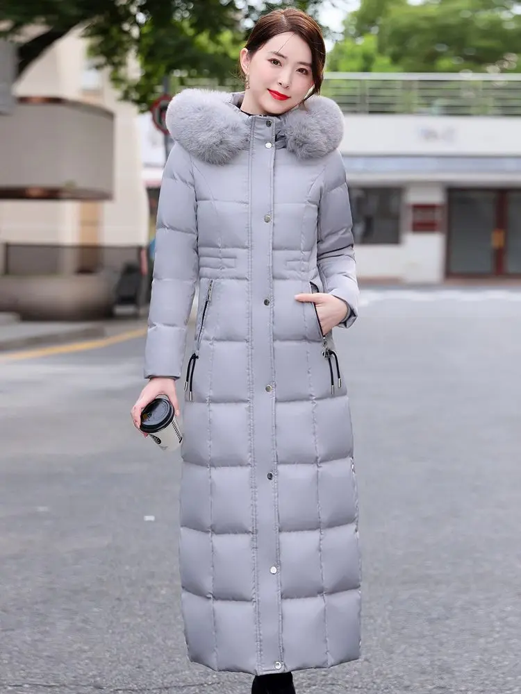 New Women Long Down Coat Winter Fashion Hooded Two-colour Real Fox Fur Collar Thicken Warm Down Jacket Female Slim Overcoat