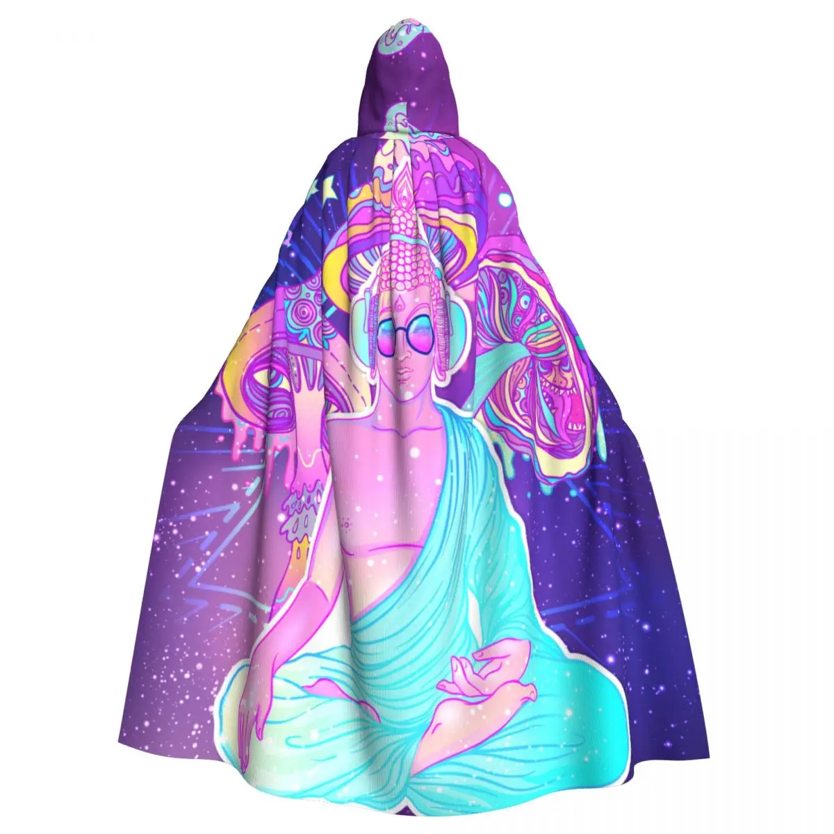 

Colorful Buddha In Rainbow Glasses Psychedelic Mushrooms Hooded Cloak Polyester Unisex Witch Cape Costume Accessory