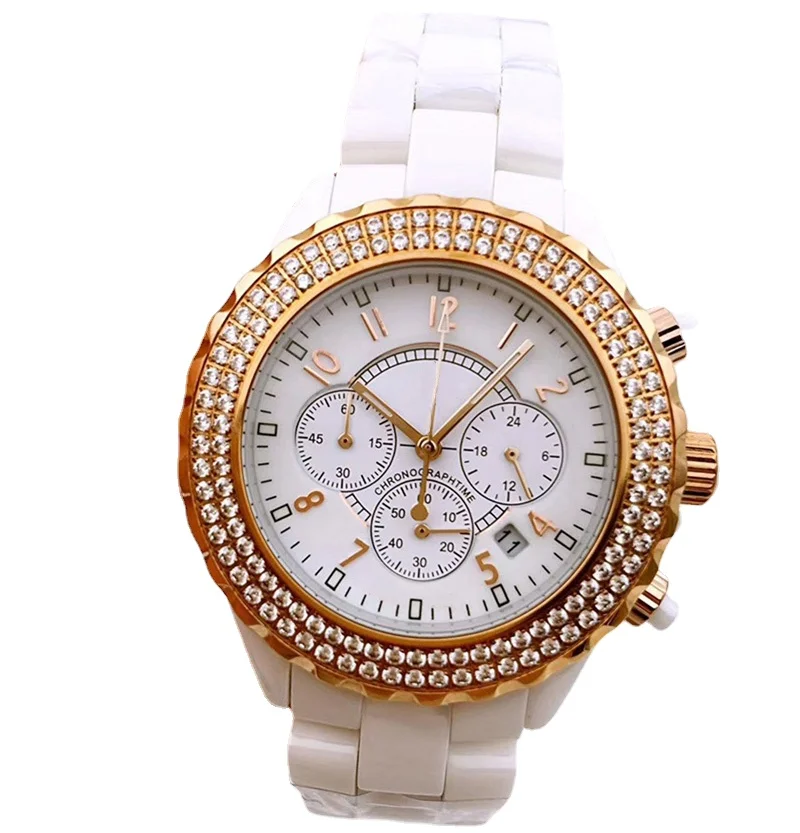 

Мужские кварцевые часы с хронографом, керамические, 2 ряда, бриллиантовые, черные, белые, розовые, золотые