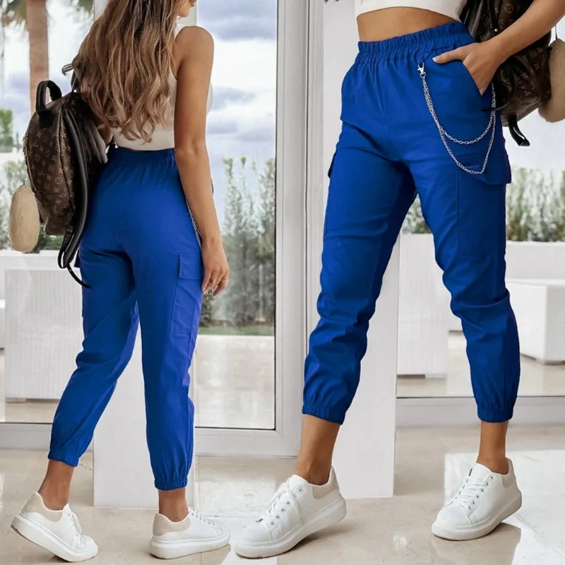 

Новинка 2023, женские синие повседневные узкие анклеты длиной до щиколотки с накладными карманами, декоративные повседневные брюки