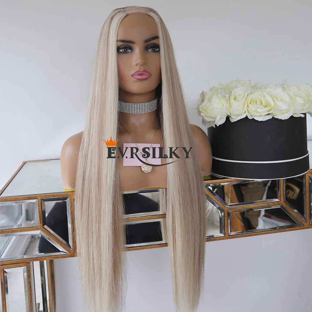

30Inch Glueless Ombre Highlight Platinum Blonde Bone Straight U Part Wigs 100% Human Hair V Shape Wig Peruvian Full Machine Made