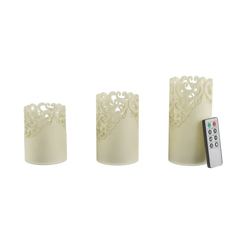 

LED Candles with Remote Control-Set of 3 Lace Detailed, Vanilla Scented Wax, Realistic Flameless Pillar Lights-Ambient Home Deco