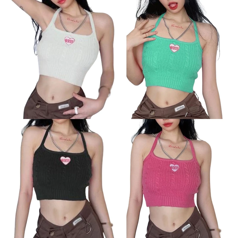

Women Sexy Hanging Chain Halter Neck Camisole Heart Embroidery Knitted Crop Top