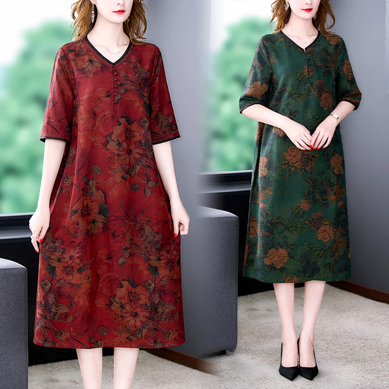 

Женское винтажное платье средней длины, красное платье из натурального шелка с цветочным принтом, элегантное Свободное платье с коротким р...