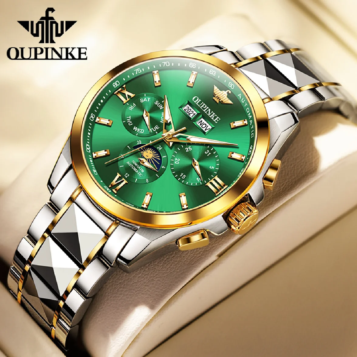 

OUPINKE Brand Luxury Automatic Watches for Men Mechanical Sapphire Crystal Waterproof Moon Phase Wristwatch Relogio Masculino