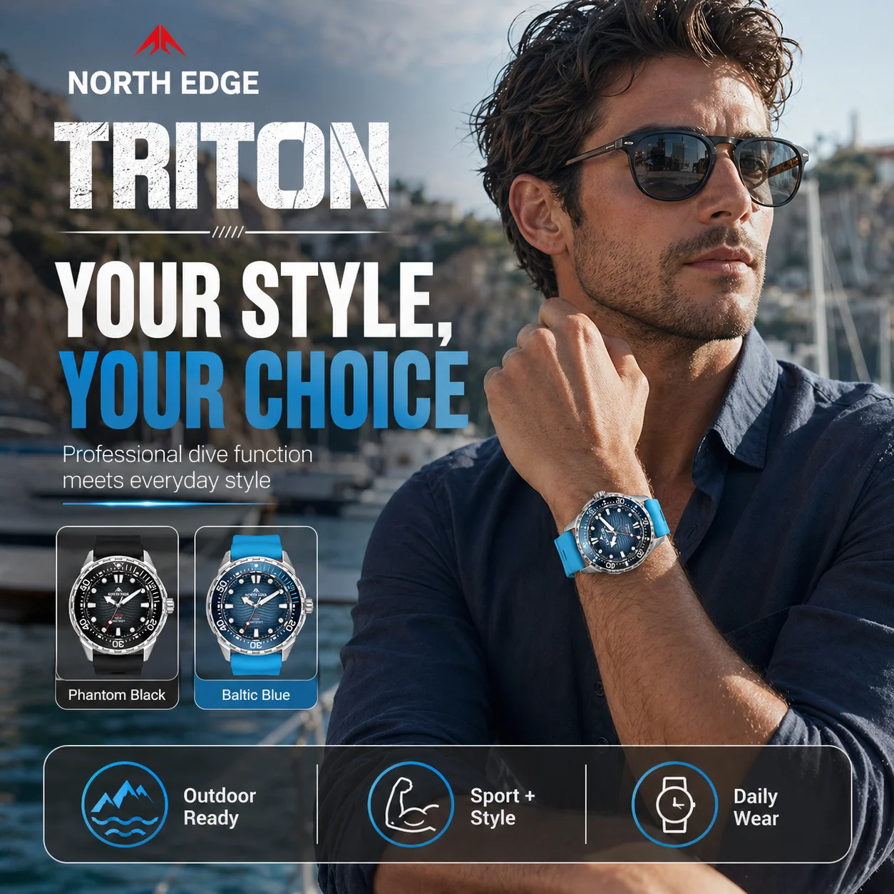 Мужские цифровые часы North Edge TRITON для дайвинга и активного отдыха, с солнечной зарядкой, водонепроницаемость 300 м, готовы к приключениям (art.: 3920da2de00ff) - 3920da2de00ff