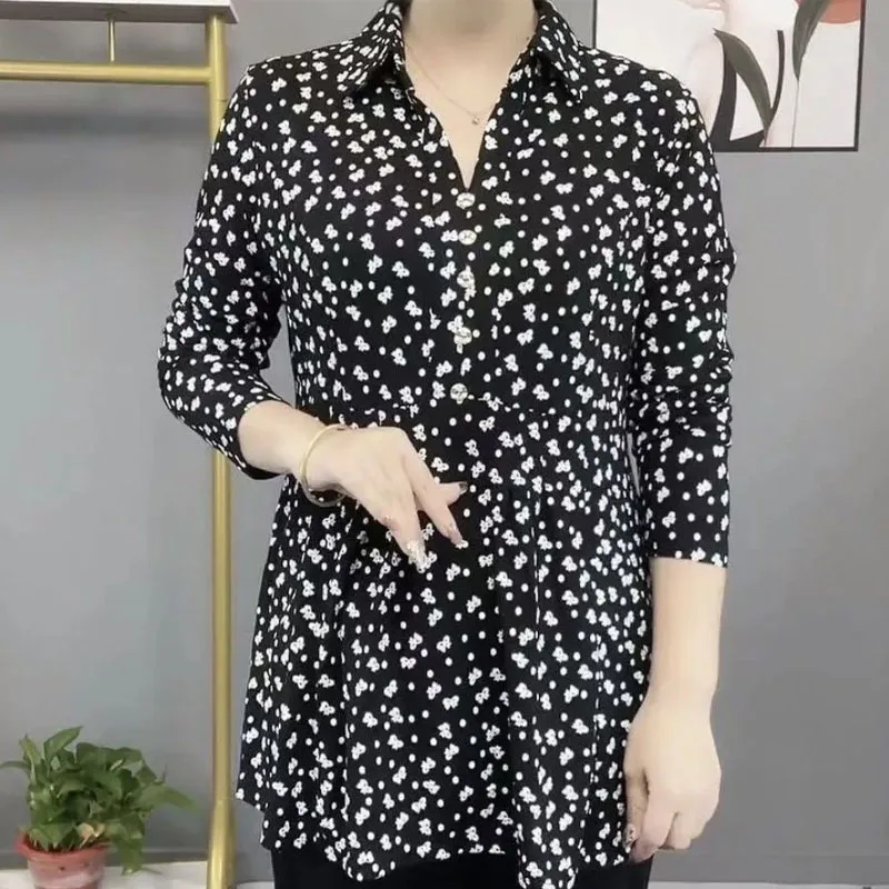 Women's Clothing Long Sleeve Polo-Neck Shirt Floral Printed Vintage Woman Thin Fashion Elegant Loose Plus Size Blouses M-5XL Top