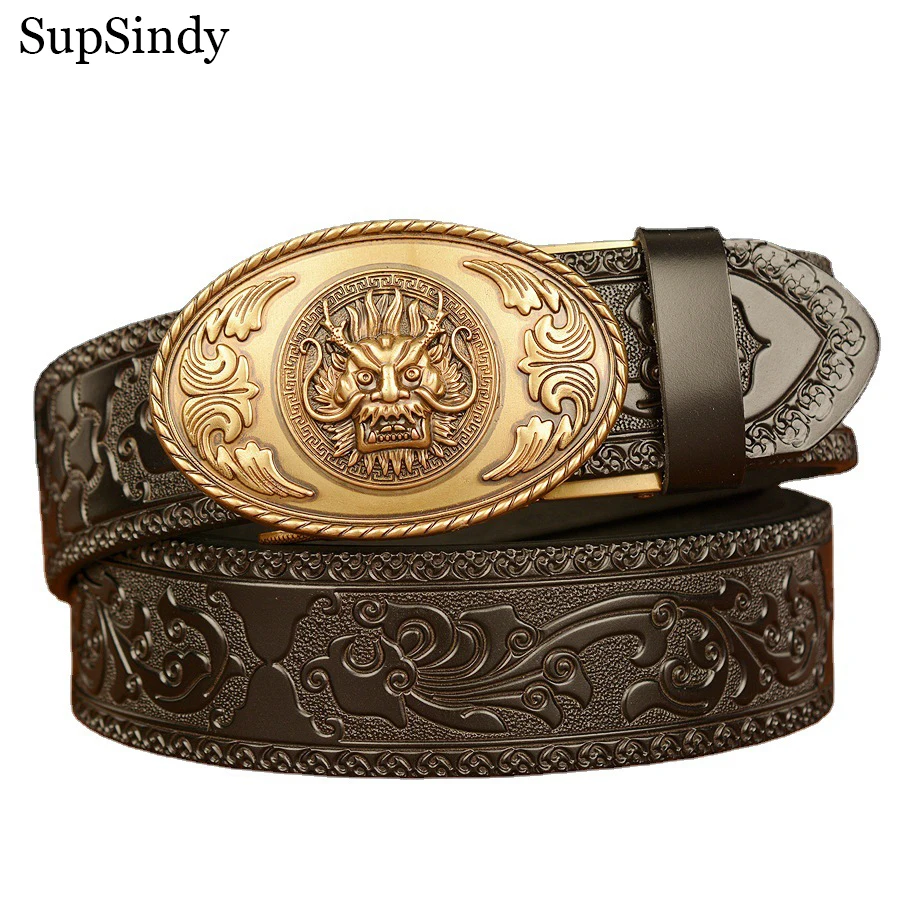 SupSindy New Men Genuine Leather Belt Luxury Gold Dragon Metal Automatic Buckle Cowhide Belts for Men Jeans Waistband Male Strap