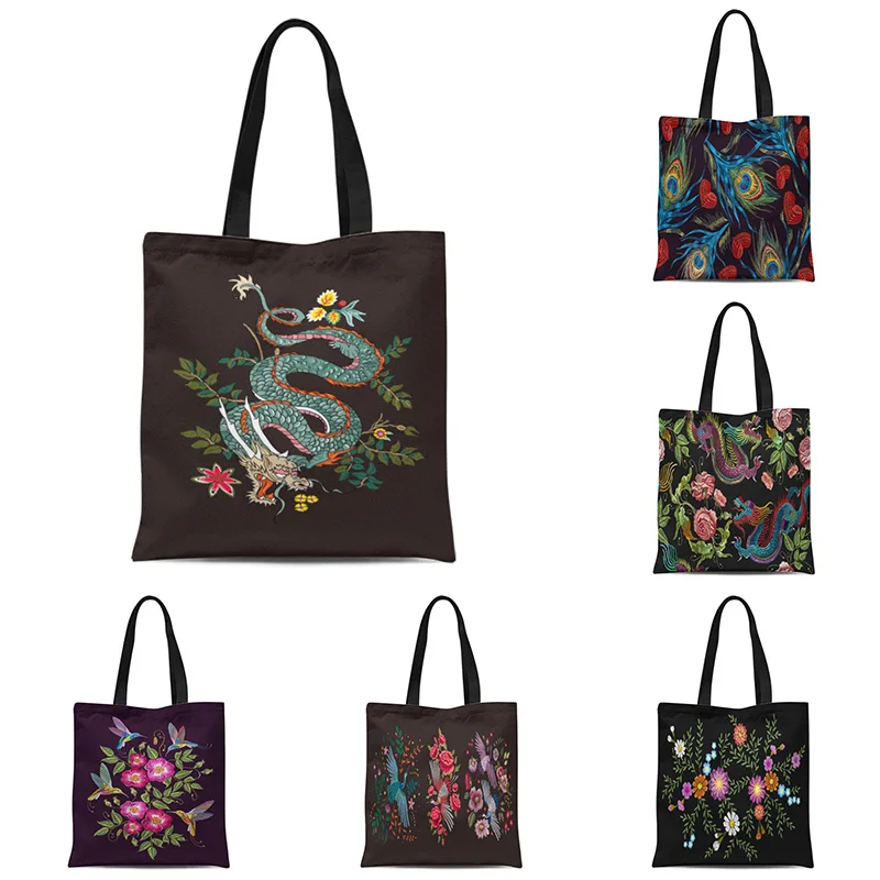 

Dragon Flower Prints Shoulder Bags Black Cat Painting Womens Designer Tote Eco Reusable Shopping Handbgas School Storage Bag