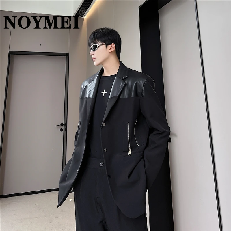 

NOYMEI Motor Storm Men Blazer Double Zipper Decoration PU Leather Patchwork Black Darkwear Niche Personality Suit Jacket WA2114