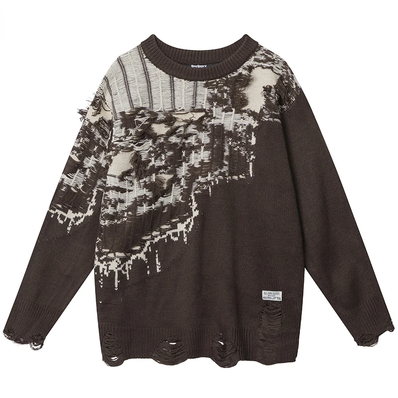 

Autumn Mens Striped Knitted Jumper Sweaters Hip Hop Ripped Knitwear Streetwear Harajuku Fashion Casual Pullovers Knit Clothing
