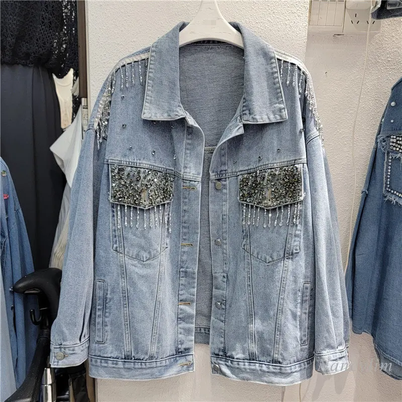 

Loose Denim Jacket for Women 2023 Spring New Heavy Industry European Goods Beaded Rhinestone Turn Collar Jean Coats Short
