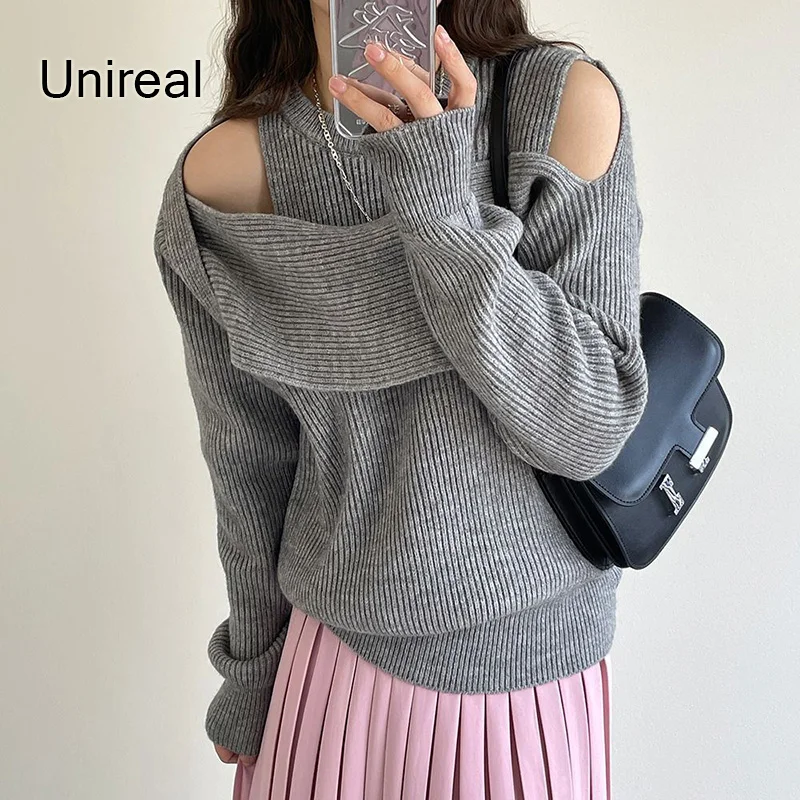 

Женский вязаный свитер с открытыми плечами Unireal, пуловер с вырезами в Корейском стиле, Осень-зима 2022