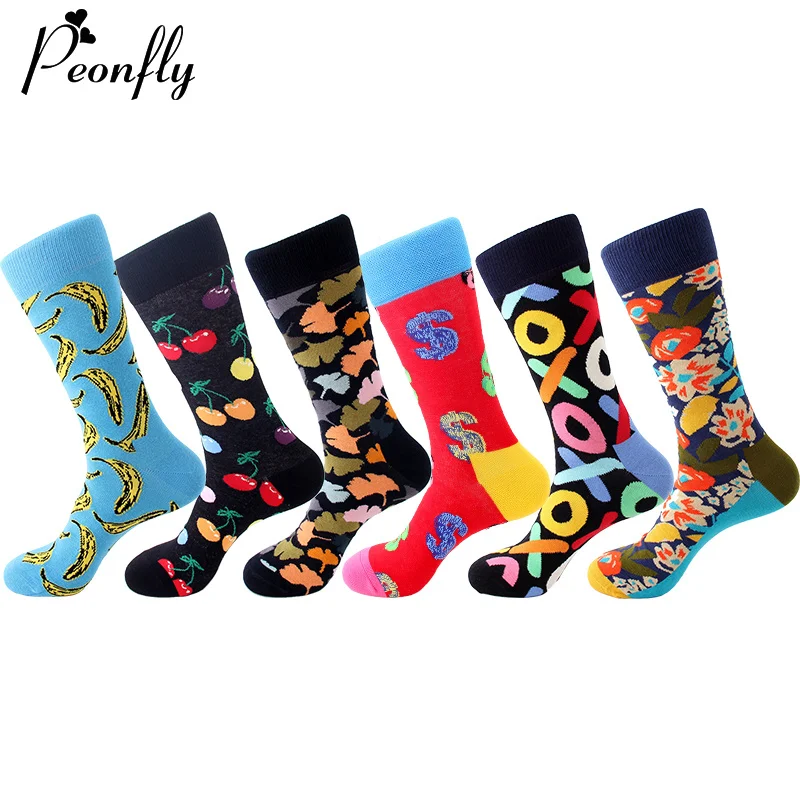 

Peonfly Pair 1 Men Combed Cotton Cartoon Banana Cherry Leaves Pattern Novelty Funny Socks Casual Harajuku Calcetines