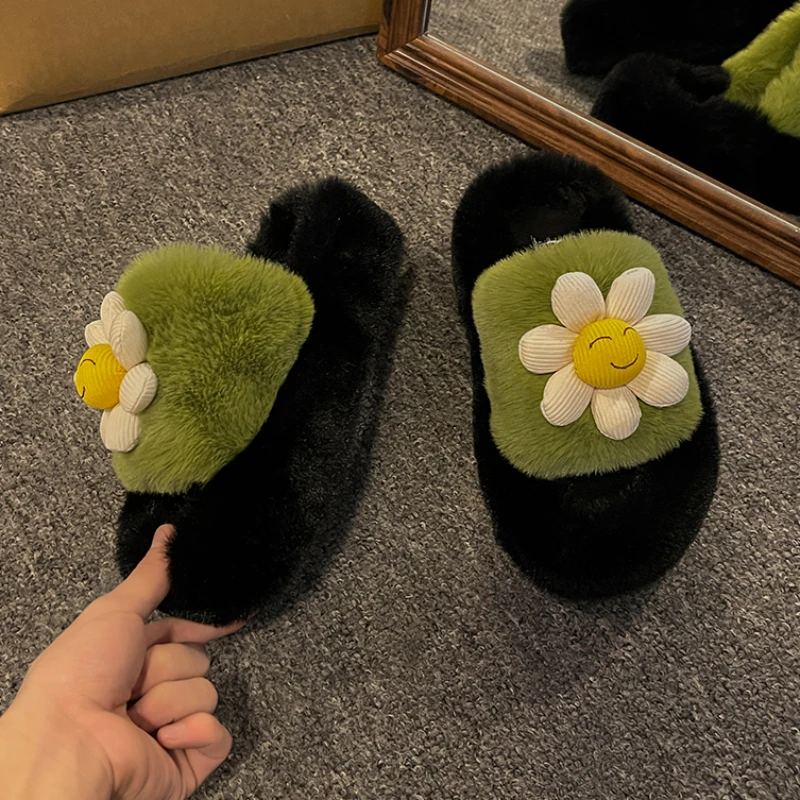 

Winter New Women Flower Flats Shoes Fur Platform Warm Slippers Designer 2023 Home Plush Cotton Boots Casual Mujer Flip Flops