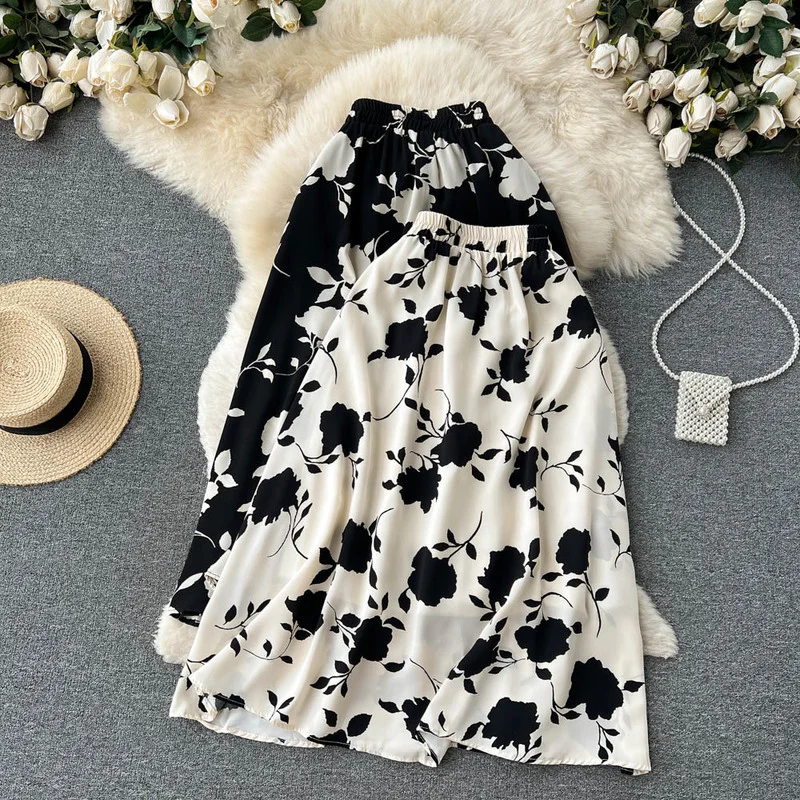 

Floral Print Skirts High Waist Elastic Vintage Jupe A-line Mujer Faldas Long Black Bust Skirt Casual Women Clothes Dropshipping