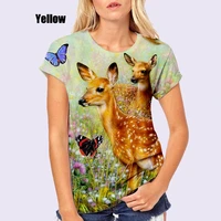 2022 new fashion women 3d flower animal sika deer print t shirt loose tee