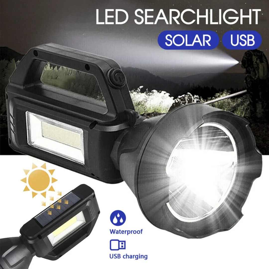 

1pc Solar LED Searchlight USB Rechargeable Flashlight 4 Lighting Mode Waterproof Comping Spotlight For Outdoor Emergency Light