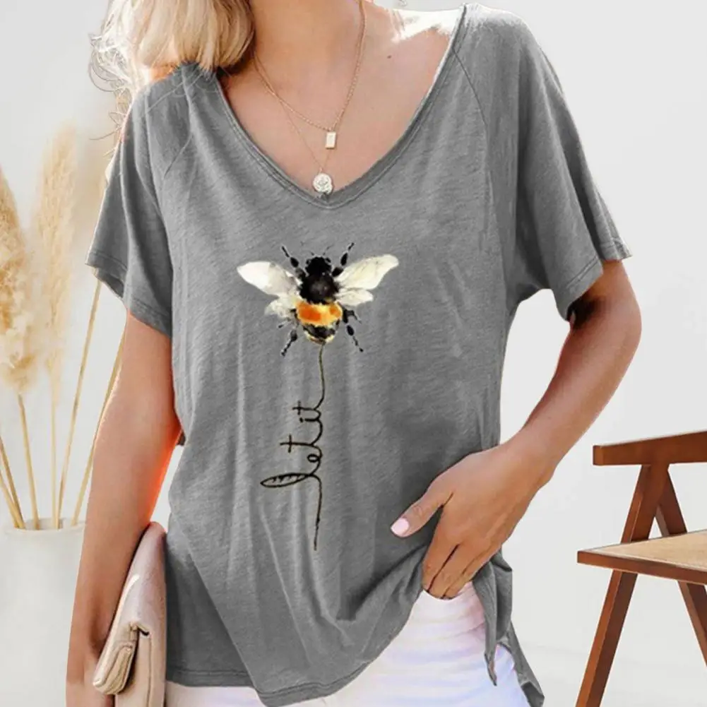 

V-neck Short Sleeve Women T-shirt Sweat Absorbing Breathable Casual Top Bee Print Loose Tee Shirt Daily Garment For Summer