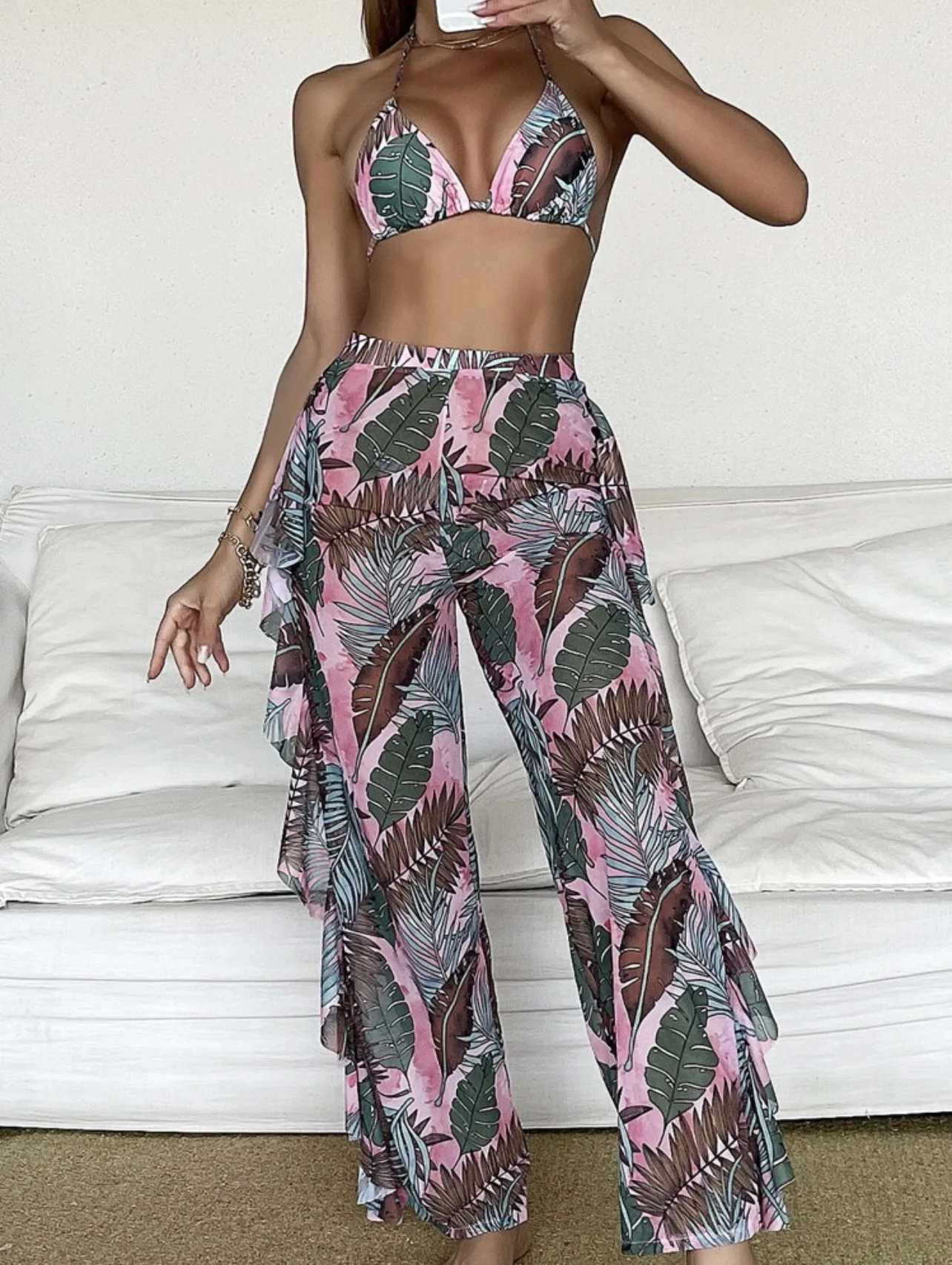 

3 шт. сексуальный комплект бикини 2022 с принтом на тонких бретелях треугольные стринги бикини Купальник розовый купальник женский купальный ...