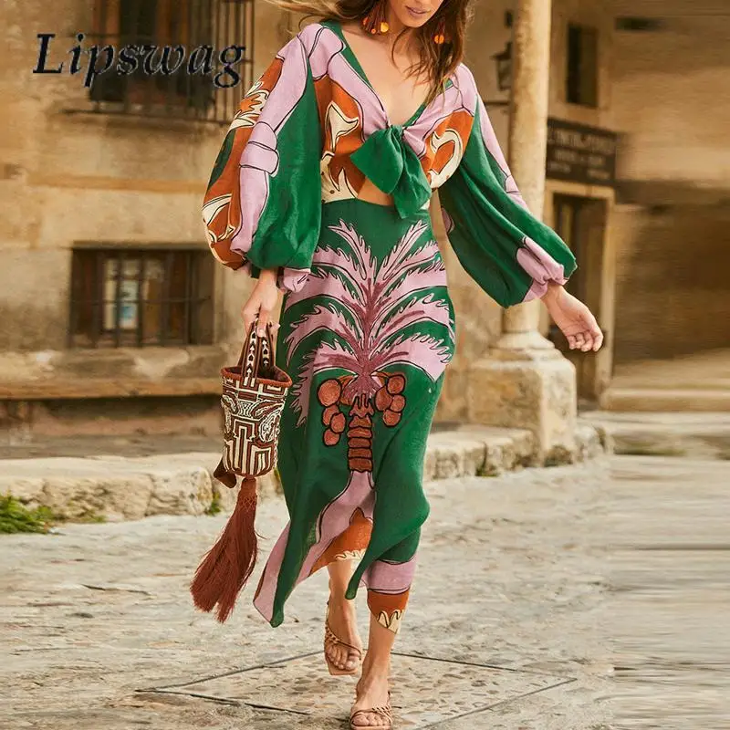 

Женское длинное платье с разрезом, элегантное осеннее Свободное платье с рукавами-фонариками, универсальное платье с V-образным вырезом и принтом в стиле ретро