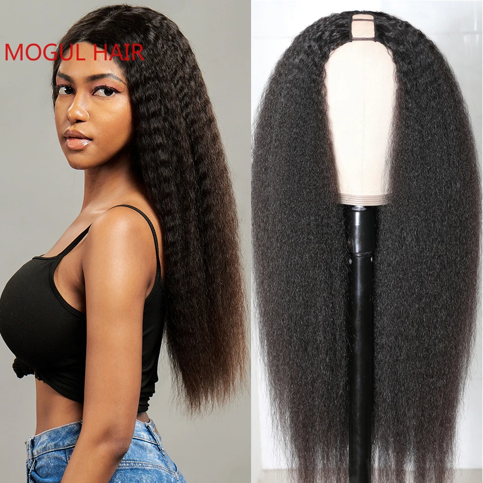 

V U Part Wig Yaki Straight Human Hair Wig Kinky Straight Natural Black 12-32 inch No Glue V Part Wigs for Black Women MogulHair