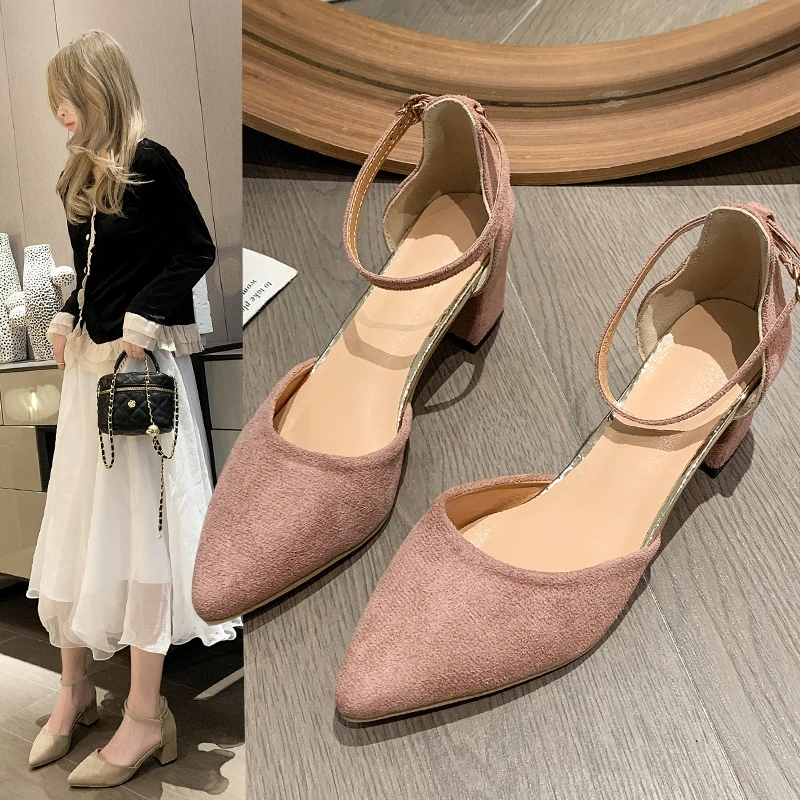 

Fashion Sandals for Women Office Career Square High Heels Shoes Women Solid Pointed Toe Buckle Strap Summer Sandals Plus Size