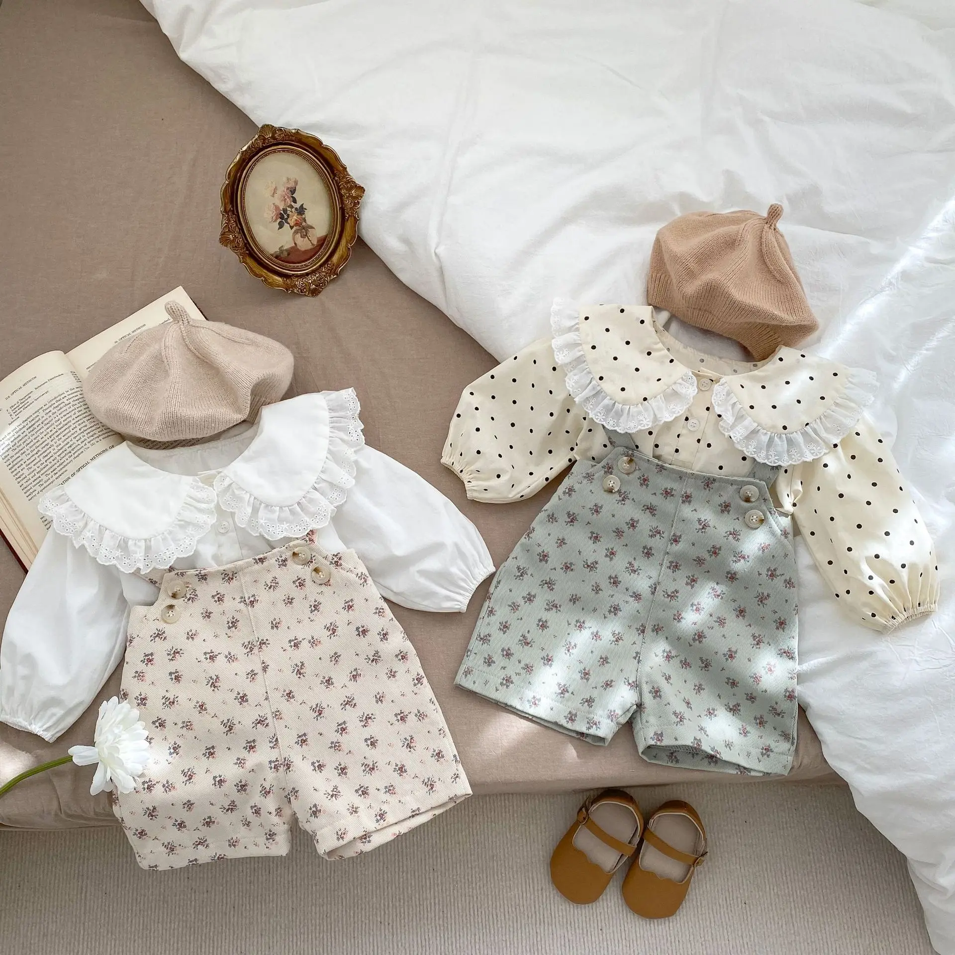 

Infant Baby Girls Outfit Set 2023 New Strap Pants Floral Strap Cropped Romper + Lapel Shirt Two-piece Set