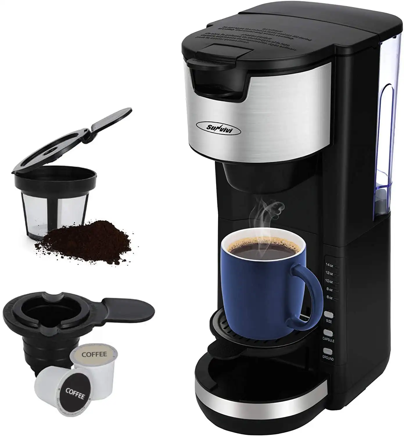 

Single Serve Coffee Maker for Single Cup Pod & Coffee Ground,Compact Coffee Brewer with 6 to 14 oz Brew Sizes,Black Coffee Machi