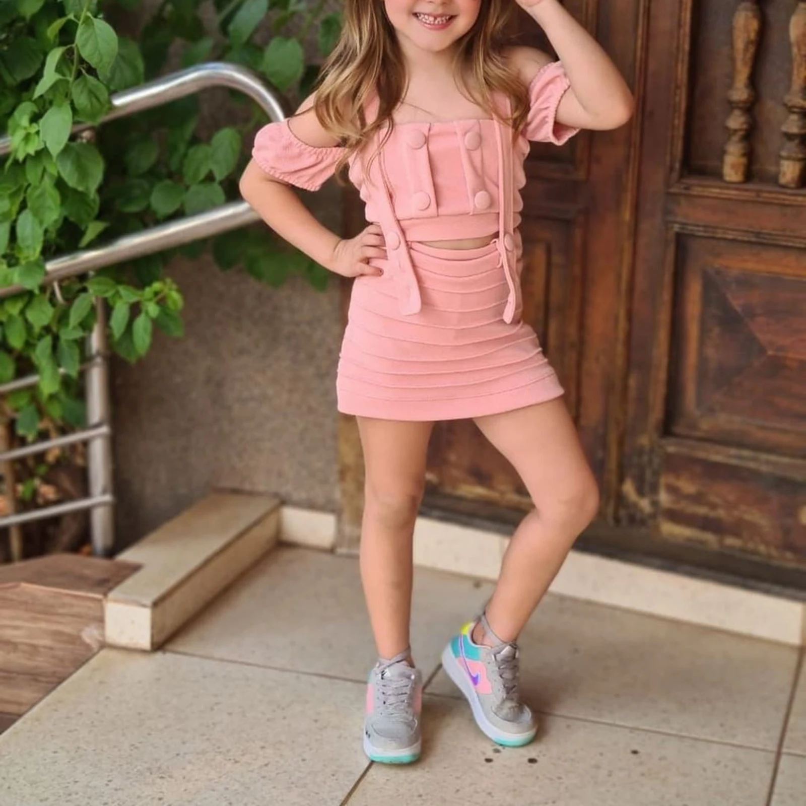 

Little Girls 2PCS Skirt Outfits Plain Buttons Short Sleeve Off-Shoulder Crop Camisole Short Adjustable Suspender Skirt