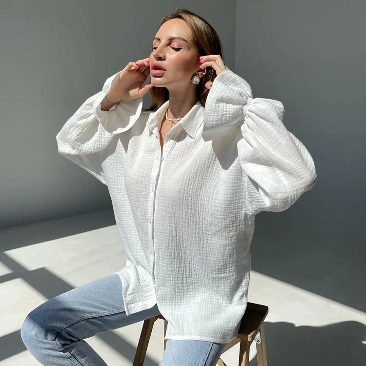 

Europe and America 2023 Spring and Autumn New Flare Sleeve Long Sleeve Shirt All Cotton Casual White Shirt Women