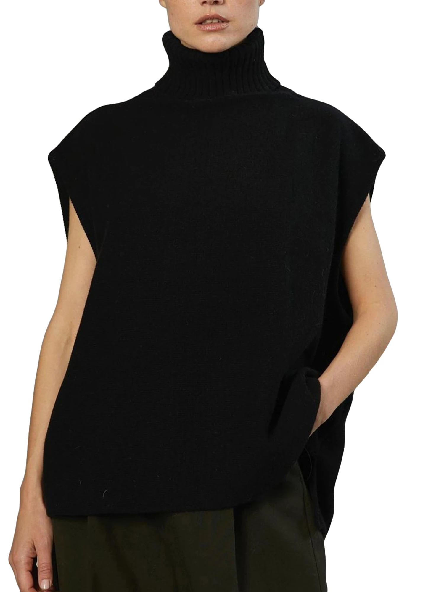 

Women s Sleeveless Knitted Sweater Vest with Ribbed High Neckline - Stylish Solid Color Knit Pullover Top for Casual and Going