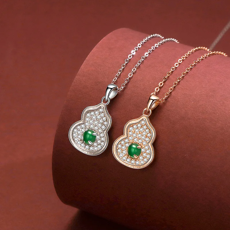 

s925 Silver Emerald Gourd Hetian Jade Necklace Women Fashion Diamond Boutique Jewelry High Quality Pendant Necklace