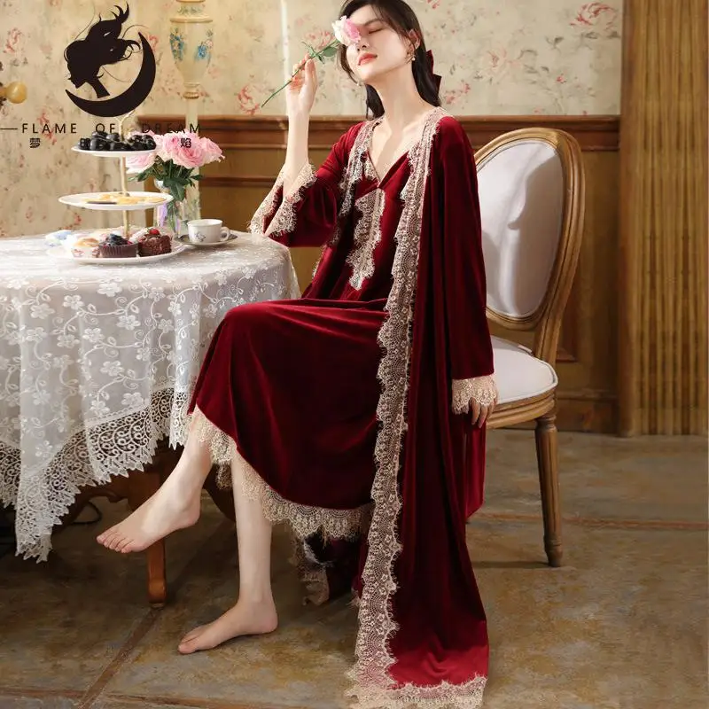 Flame Of Dream Robe Long Sleeve Nightgown Women's Gold Velvet Nightwear Two-piece Court Retro Warm  Wear Home Suit2063