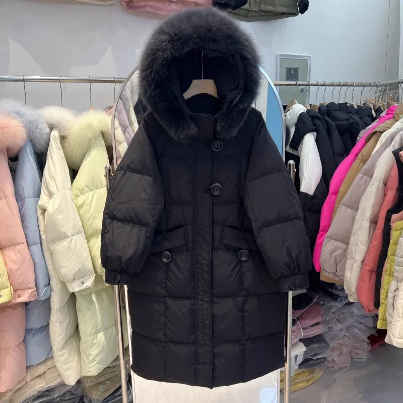 Зимний пуховик средний и длинный воротник из лисьего меха с капюшоном толстым
